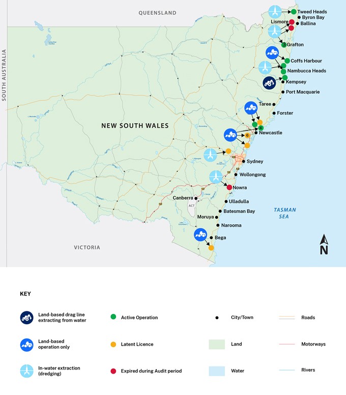 Map of New South Wales with locations of 25 dredging and extraction operations marked along the coast. Symbols indicate that 5 are dredging operations, 1 is a dragline and the rest are land-based extraction operations. Coloured dots indicate that 10 licences are latent, 3 expired during the audit period and the rest remain active.