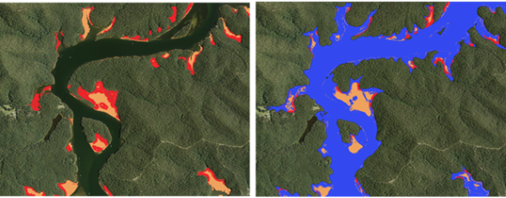Two aerial photographs set side by side. The first is overlaid with coloured polygons which show the present-day distribution of mangrove and saltmarsh in a reach of the Clyde River. The second shows the projected water level and how it has encroached upon mangroves and saltmarsh habitat under 1m sea level rise. 
