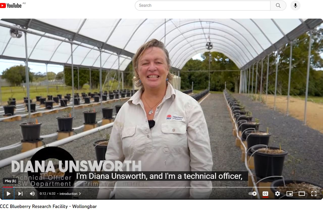 Dianna a technical officer faces the camera in a video. The background is a large hothouse for growing. It is a screen shot from the video. 