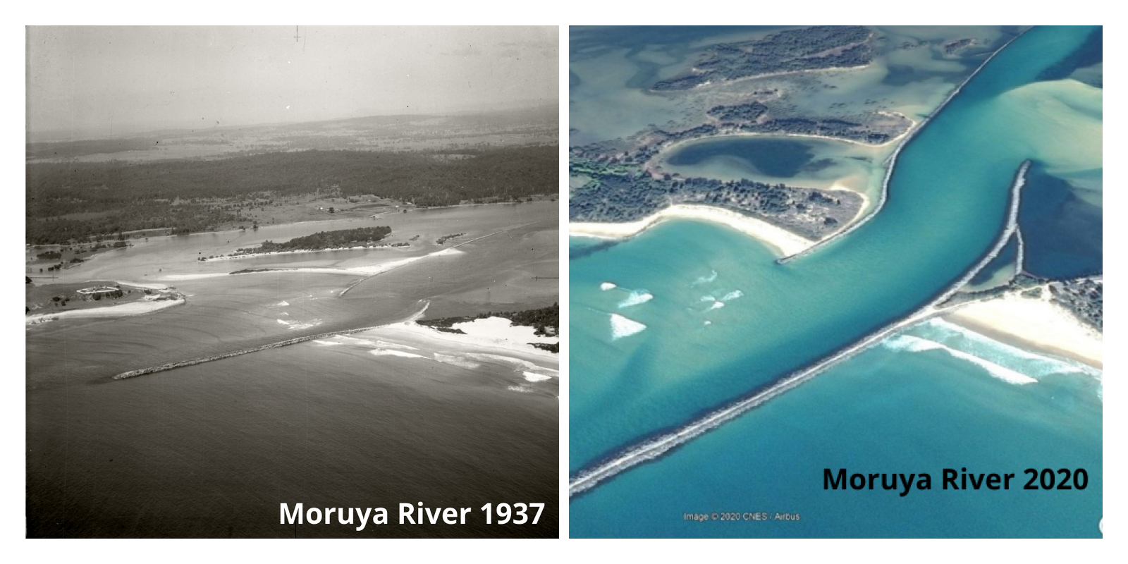 Each image shows an historical image compared with what the river mouth looks like today. There is significant difference in the river entrance when compared.  