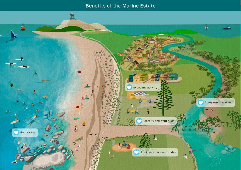 an illustration of a coast with benefits outlined in boxes. 
