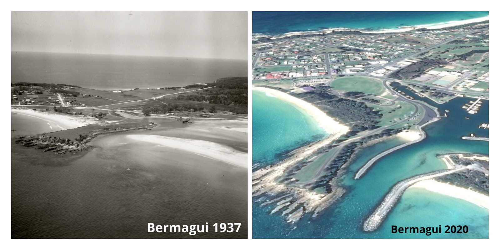 Each image shows an historical image compared with what the river mouth looks like today. There is significant difference in the river entrance when compared. 