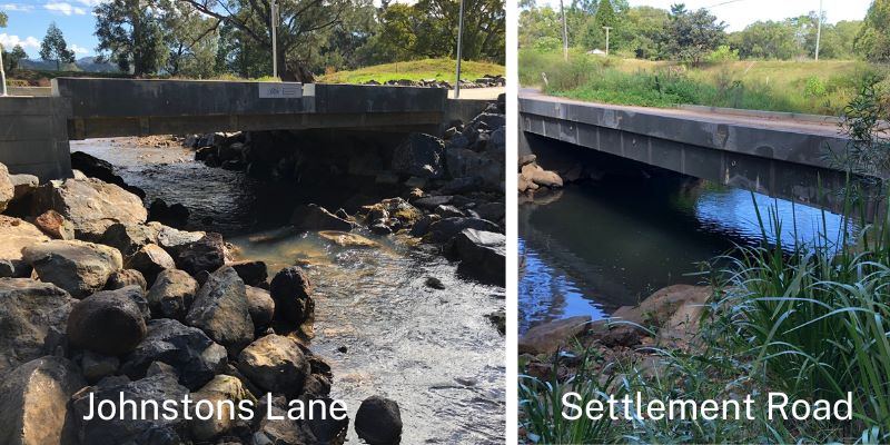 2 images. Both are bridges over water with large rocks and grass at the edge. 